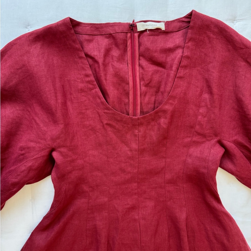 Faithfull the Brand Small Raynara Linen Mini Dress Wine Red - Picture 7 of 12